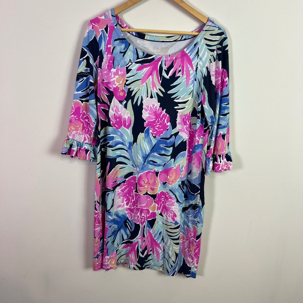 Lilly Pulitzer Navy Pink Floral Ruffle Sleeve Midi Dress